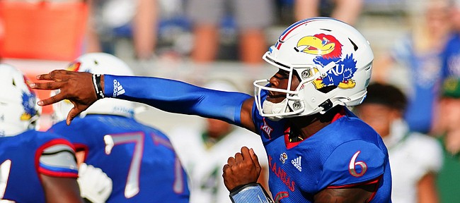 Kansas quarterback Jalon Daniels (6) throws against the Baylor defense during the fourth quarter on Saturday, Sept. 18, 2021 at Memorial Stadium. (Photo by Nick Krug/Special to the Journal-World)