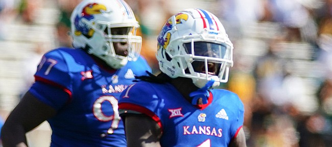 Kansas safety Kenny Logan Jr. (1) celebrates a fumble recovery by the Jayhawks during the first quarter on Saturday, Sept. 18, 2021 at Memorial Stadium. (Photo by Nick Krug/Special to the Journal-World)