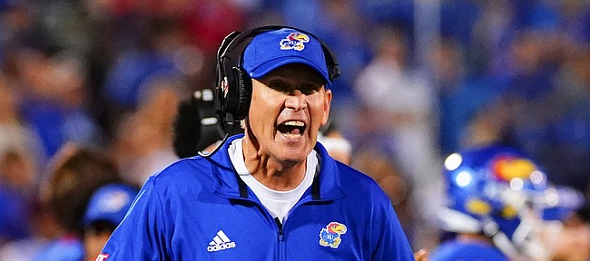 Kansas head coach Lance Leipold yells at the officials during the fourth quarter on Friday, Sept. 3, 2021 at Memorial Stadium. (Photo by Nick Krug/Special to the Journal-World)