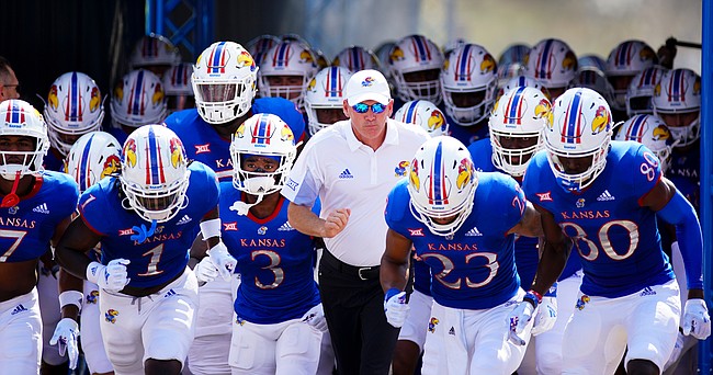 Kansas head coach Lance Leipold and the Jayhawks take the field for kickoff against Baylor on Saturday, Sept. 18, 2021 at Memorial Stadium. (Photo by Nick Krug/Special to the Journal-World)