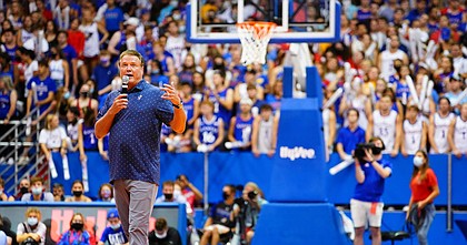 Kansas Jayhawks head coach Bill Self talks with the crowd during Late Night in the Phog, Friday, Oct. 1, 2021 at Allen Fieldhouse.
