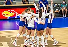 The Jayhawks celebrate a point during a recent home volleyball match at Horejsi Family Volleyball Arena. 