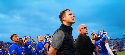 Kansas athletic director Travis Goff watches with members of the football team as a South Dakota field goal misses during the first quarter on Friday, Sept. 3, 2021 at Memorial Stadium. (Photo by Nick Krug/Special to the Journal-World)
