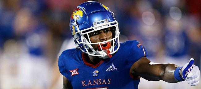 Kansas wide receiver Trevor Wilson during a NCAA football game on Friday, Sept. 3, 2021 in Lawrence, Kan. (AP Photo/Colin E. Braley)


