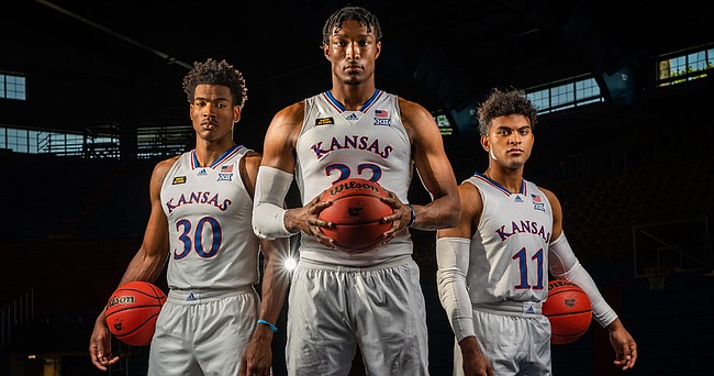 Kansas seniors, from left to right, Ochai Agbaji, David McCormack and Remy Martin were recently named preseason all-Big 12 picks by the conference's coaches, with Martin earning the preseason player of the year nod. 
