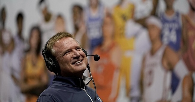 Kansas coach Bill Self does an interview during Big 12 NCAA college basketball media day Wednesday, Oct. 20, 2021, in Kansas City, Mo. 