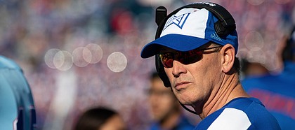 Kansas coach Lance Leipold observes his team during the game against Texas Tech. Kansas fell 41-14 Saturday, Oct. 16, 2021.