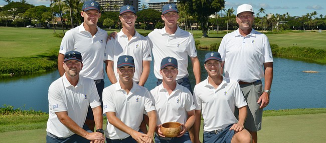 The Kansas men's golf team shows off its latest trophy following a dominant performance at the Ka'anapali Classic in Hawaii. 