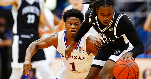 Kansas guard Joseph Yesufu (1) looks for a steal against Emporia State guard Tray Buchanan (2) during the first half on Wednesday, Nov. 3, 2021 at Allen Fieldhouse.