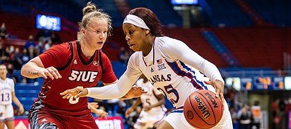 Kansas guard Chandler Prater drives baseline against SIU-Edwardsville in the Jayhawks' season-opener, on Nov. 10, 2021.