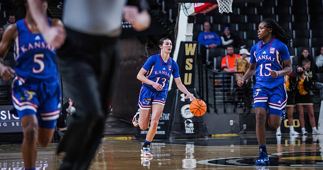KU guard Holly Kersgieter brings the ball up the floor during the Jayhawks' road win over Wichita State on Tuesday, Dec. 21, 2021. 