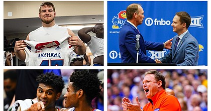 Some of the people and scenes that made up the top KU sports stories of 2021 included, clockwise from top left: KU football walk-on Jared Casey; new KU football coach Lance Leipold and new KU Athletic Director Travis Goff; Kansas basketball coach Bill Self; Smiling Caroline Bien and the Kansas volleyball team; COVID-19 restrictions galore; and KU guard Remy Martin and Ochai Agbaji. 