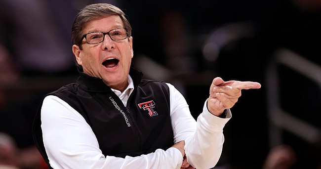 Texas Tech coach Mark Adams gestures during the first half of an NCAA college basketball game against Tennessee in the Jimmy V Classic, Dec. 7, 2021, in New York. 