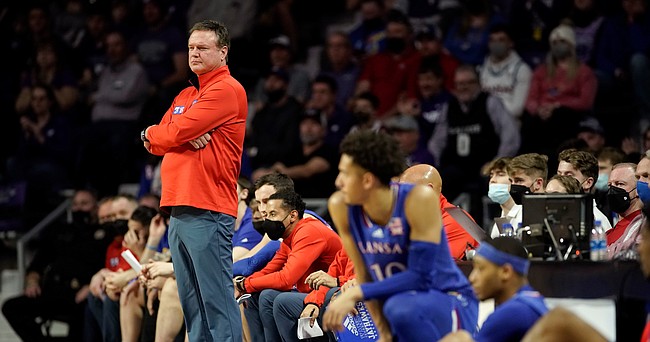 Kansas head coach Bill Self watches the action from the sidelines during the first half on Saturday, Jan. 22, 2022 at Bramlage Coliseum.