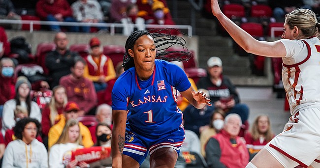 Kansas women's basketball forward Taiyanna Jackson dribbles during the game against Iowa State at Hilton Coliseum in Ames, Iowa, on Jan. 26, 2022. (Damon Young/Kansas Athletics)