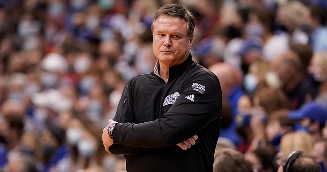 Kansas head coach Bill Self shows his frustration after a Jayhawk foul late in the second half on Saturday, Jan. 29, 2022 at Allen Fieldhouse.