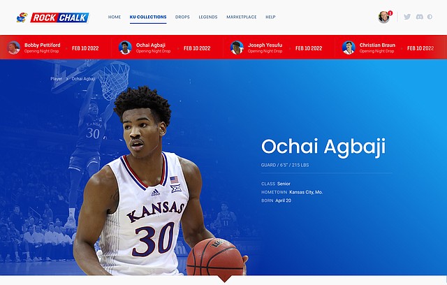 A screenshot of the new Rock Chalk digital community where fans soon will be able to buy Kansas basketball-themed NFTs depicts the landing page for KU senior Ochai Agbaji. 