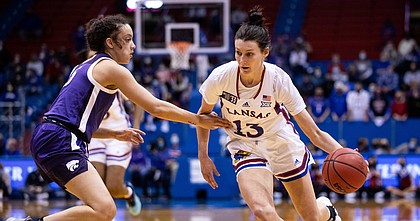 Kansas women's basketball player Holly Kersgieter drives to the basket in the game against Kansas State at Allen Fieldhouse on Feb. 12, 2022.