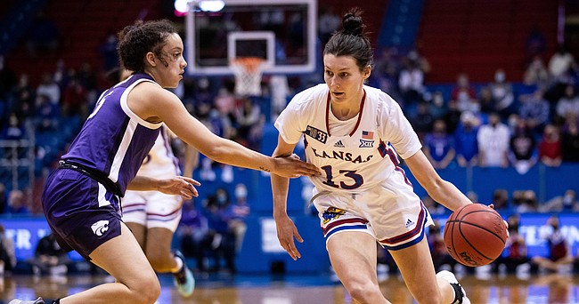 Kansas women's basketball player Holly Kersgieter drives to the basket in the game against Kansas State at Allen Fieldhouse on Feb. 12, 2022.
