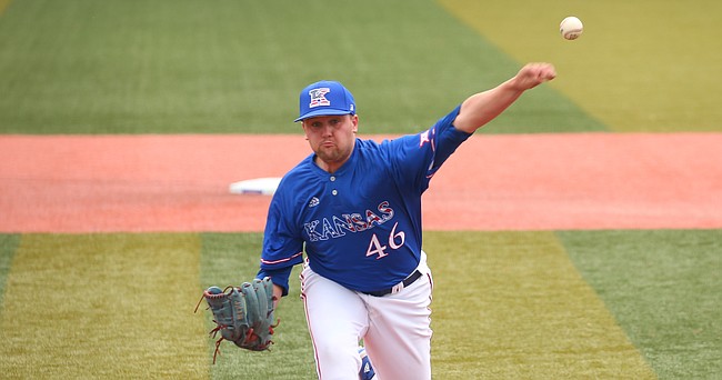 Kansas' Daniel Hegarty pitches in a game against Sacramento State at Hoglund Ballpark on April 28, 2021.