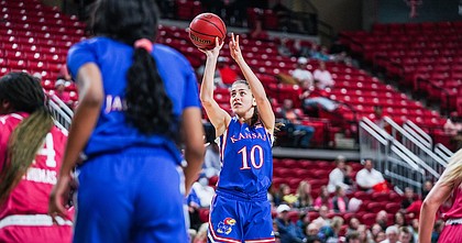 Kansas women's basketball forward Ioanna Chatzileonti shoots during the game against Texas Tech on Feb. 19, 2022, at United Supermarkets Arena in Lubbock, Texas.