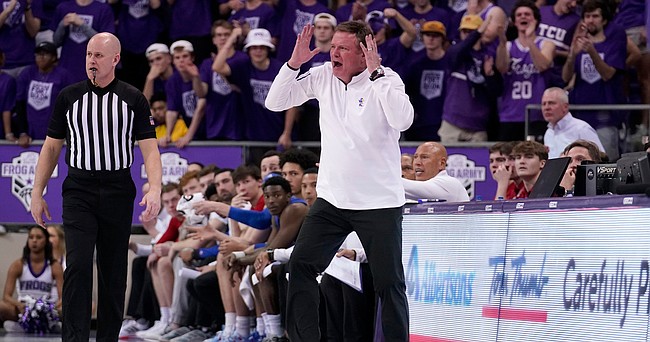 Kansas head coach Bill Self reacts to play against TCU in the second half of an NCAA college basketball game in Fort Worth, Texas, Tuesday, March 1, 2022. (AP Photo/Tony Gutierrez)