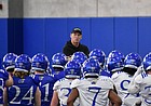Kansas coach Lance Leipold speaks to his players during spring practice on March 8, 2022.