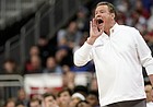Kansas head coach Bill Self gets the attention of his players during the second half against TCU on Friday, March 11, 2022 at T-Mobile Center in Kansas City.