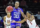 Kansas' Nadira Eltayeb keeps the ball away from Oklahoma's Neveah Tot in the Big 12 quarterfinal at Municipal Auditorium in Kansas City, Missouri, on March 11, 2022.