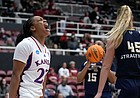 Kansas guard Chandler Prater (25) reacts after scoring against Georgia Tech during the second half of a first-round game in the NCAA women's college basketball tournament Friday, March 18, 2022, in Stanford, Calif.