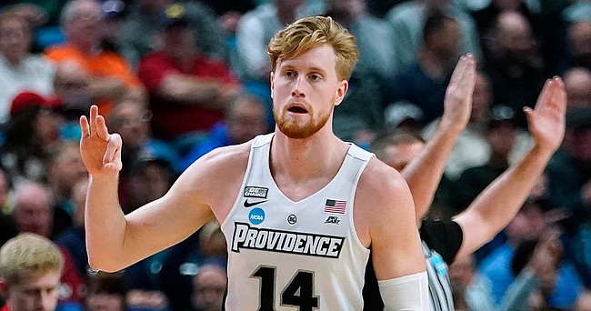 Providence forward Noah Horchler reacts after making a 3-point shot against Richmond during the first half of a second-round NCAA men's basketball tournament game on March 19, 2022, in Buffalo, N.Y.