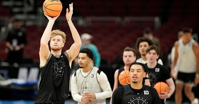 Providence forward Noah Horchler (14) pulls up for a three during practice on Thursday, March 24, 2022 at United Center in Chicago.