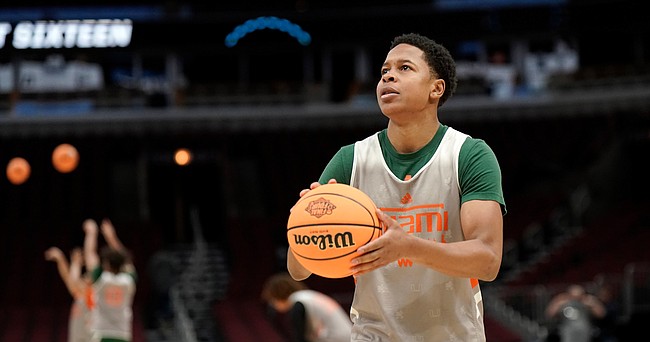 Miami guard Charlie Moore (3) pulls up for a shot during practice on Thursday, March 24, 2022 at United Center in Chicago.