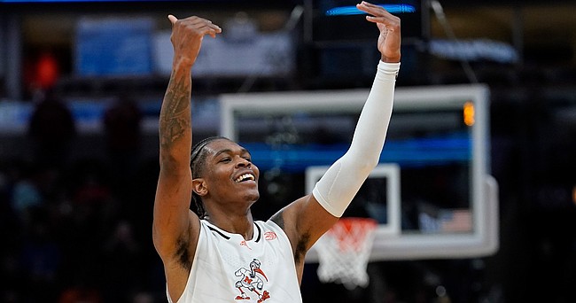 Miami's Kameron McGusty reacts after a college basketball game in the Sweet 16 round of the NCAA tournament Friday, March 25, 2022, in Chicago. Miami won 70-56. 