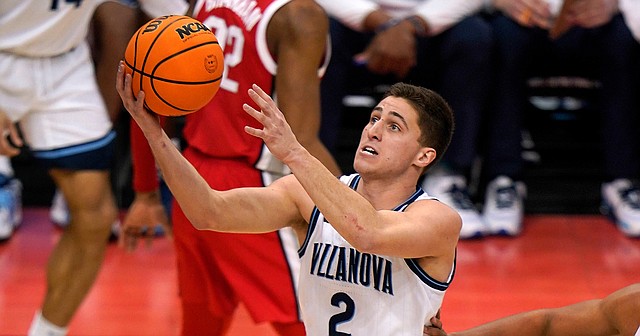 Villanova's Collin Gillespie (2) plays during the first half of a college basketball game against Ohio State in the second round of the NCAA tournament in Pittsburgh, Sunday, March 20, 2022.