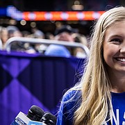 Kansas women's golf player Hanna Hawks speaks on April 1, 2022, at the Superdome in New Orleans. Hawks has been chosen as the university's representative to sing the national anthem before the Final Four.