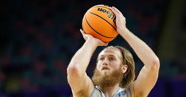 North Carolina forward Brady Manek shoots during Final Four practice on April 1, 2022, in New Orleans.