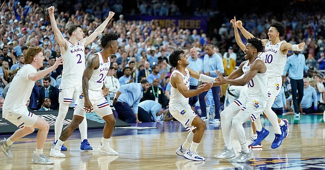 The Kansas Jayhawks celebrate their 72-69 NCAA National Championship win over North Carolina on Monday, April 4, 2022 at Caesars Superdome in New Orleans.