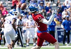 Redshirt senior Chris Teahan slings the ball down the field during a surprise showing at the Kansas football program's Spring Preview at David Booth Kansas Memorial Stadium on Saturday, April 9, 2022.