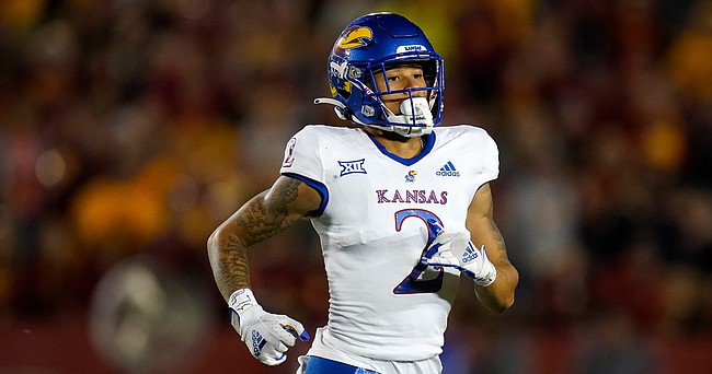 Kansas wide receiver Lawrence Arnold runs on the field during the second half of a college football game against Iowa State on Oct. 2, 2021, in Ames, Iowa.