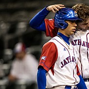 Kansas second baseman Tavian Josenberger, left, and first baseman Cooper McMurray celebrate during the game against Texas Southern at Legends Field on April 19, 2022.
