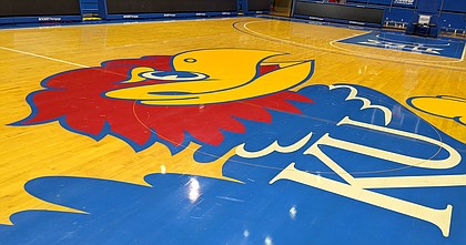 The Kansas Jayhawks logo as seen at center court at Allen Fieldhouse on March 6, 2022.