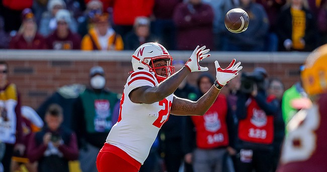 Nebraska running back Sevion Morrison tries to catch a pass against Minnesota in a college football game on Oct. 16, 2021, in Minneapolis.