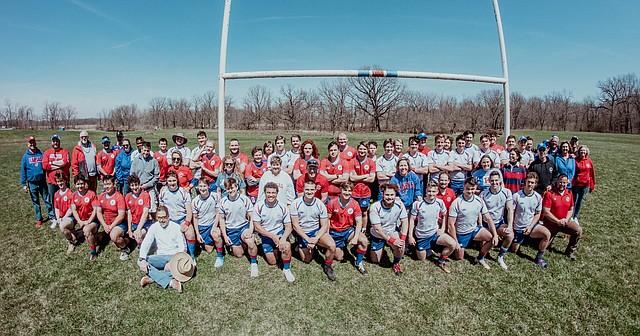 Kansas men's rugby players pose for a team photo at the Westwick Rugby Complex in Lawrence. (Photo courtesy of Griff Hastings)
