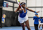Kansas senior Malkia Ngounoue stretches for a ball during an indoor match earlier this year. Ngounoue is one of four seniors on this year's roster that helped the Jayhawks return to the NCAA Tournament for the first time since 2019. 