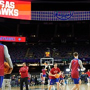 Kansas forward Jalen Wilson shoots during practice for the men's Final Four NCAA college basketball tournament, Friday, April 1, 2022, in New Orleans.
