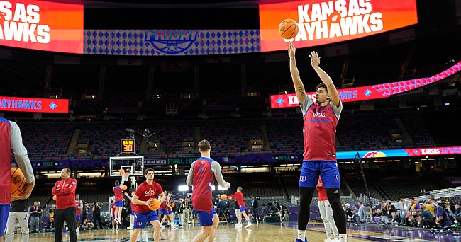 Kansas forward Jalen Wilson shoots during practice for the men's Final Four NCAA college basketball tournament, Friday, April 1, 2022, in New Orleans.