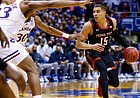 Texas Tech guard Kevin McCullar (15) during an NCAA college basketball game against Kansas on Monday, Jan. 24, 2022 in Lawrence, Kan. (AP Photo/Colin E. Braley)