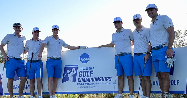 The Kansas men's golf team poses for a group photo in Scottsdale, Arizona, before the start of the 2022 NCAA Championships. 