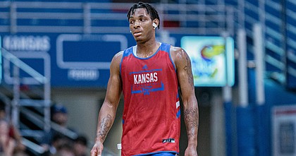 Forward MJ Rice waits for play to resume during the team scrimmage at the annual Bill Self Basketball Camp on Wednesday, June 8, 2022 at Allen Fieldhouse. 
